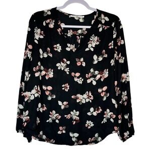 Violet + Claire Black Floral Split Neck Long Sleeve Blouse Size M Petal Print